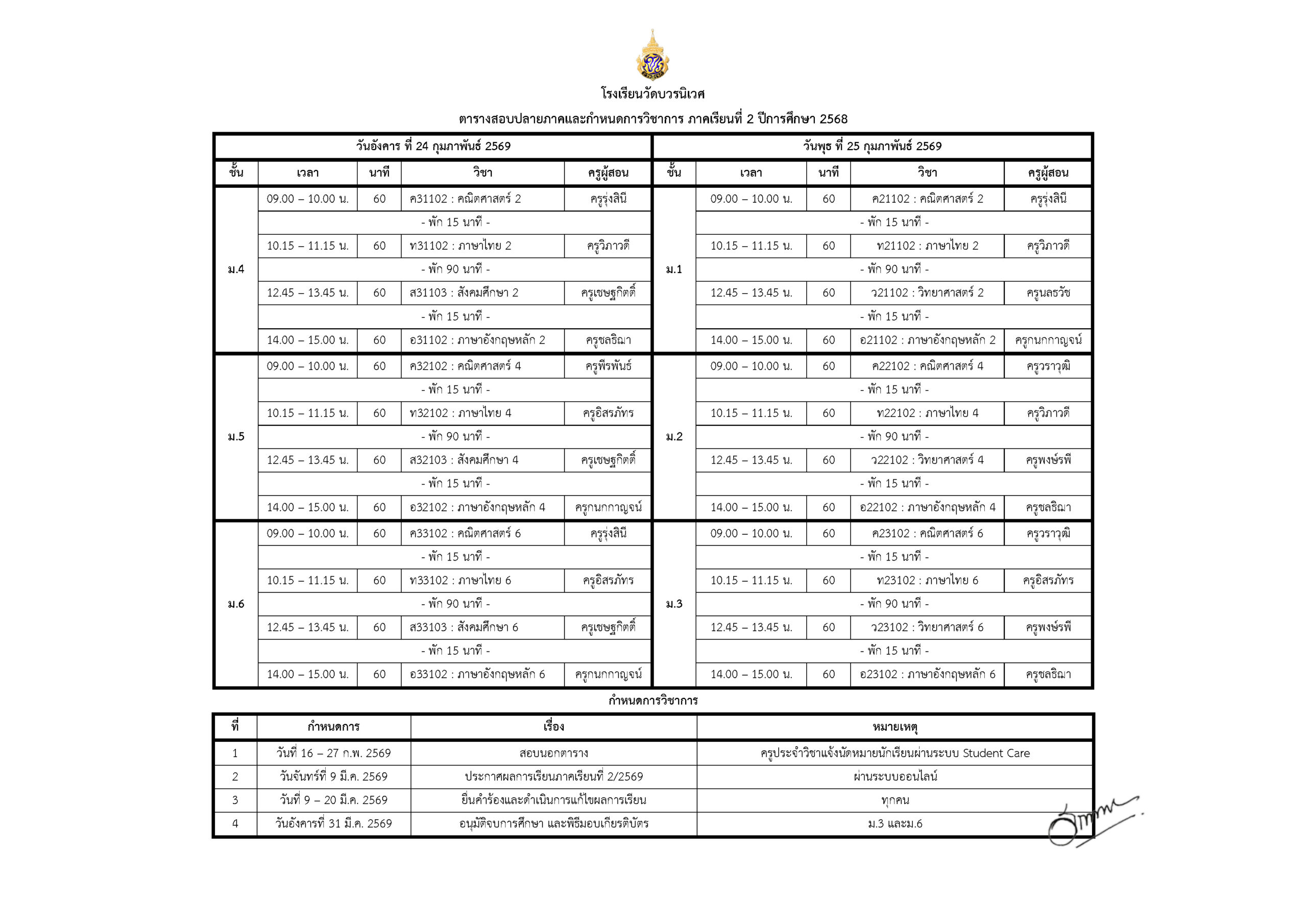 ตารางสอบปลายภาคเรียนที่ 2 ปีการศึกษา 2568